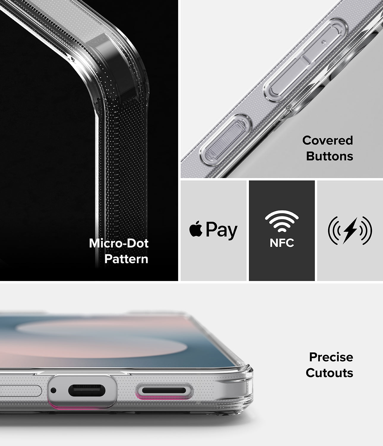 Phone case with features labeled including micro-dot pattern, covered buttons, Apple Pay compatibility, NFC, lightning connection, and precise cutouts.