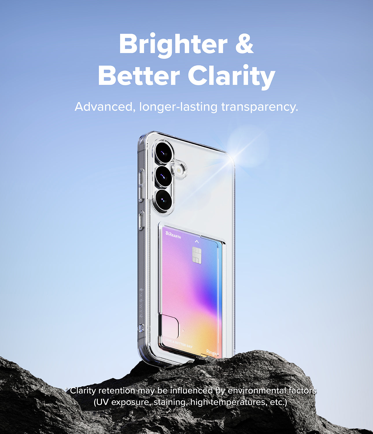 Clear phone case on a rock with a blue sky background, emphasizing clarity and transparency.