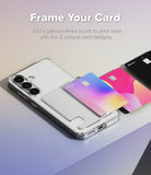 Phone case with card holder on a gradient background, featuring colorful cards.