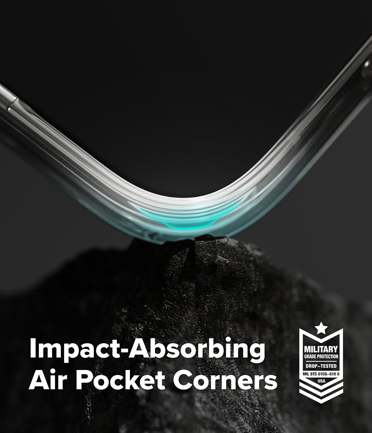 Phone case with impact-absorbing air pocket corners on a dark background