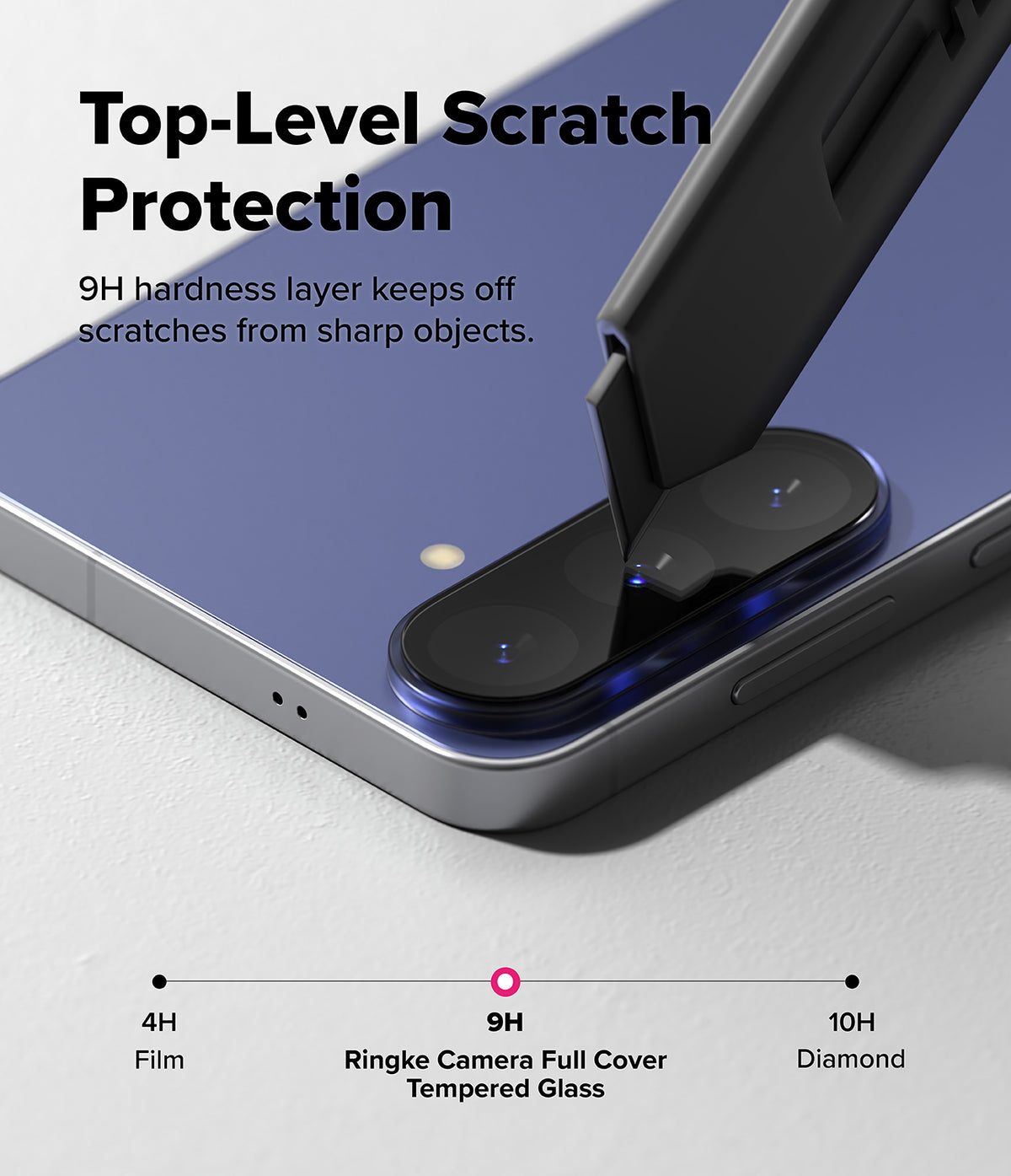 Bundle 15% Galaxy S26 FE Camera Protector | Camera Full Cover Tempered Glass all-groups - Close-up of a smartphone camera area with a black hard protective cover applied over the lens module. Large text reads 'Top-Level Scratch Protection' and '9H hardness layer keeps off scratches from sharp objects.