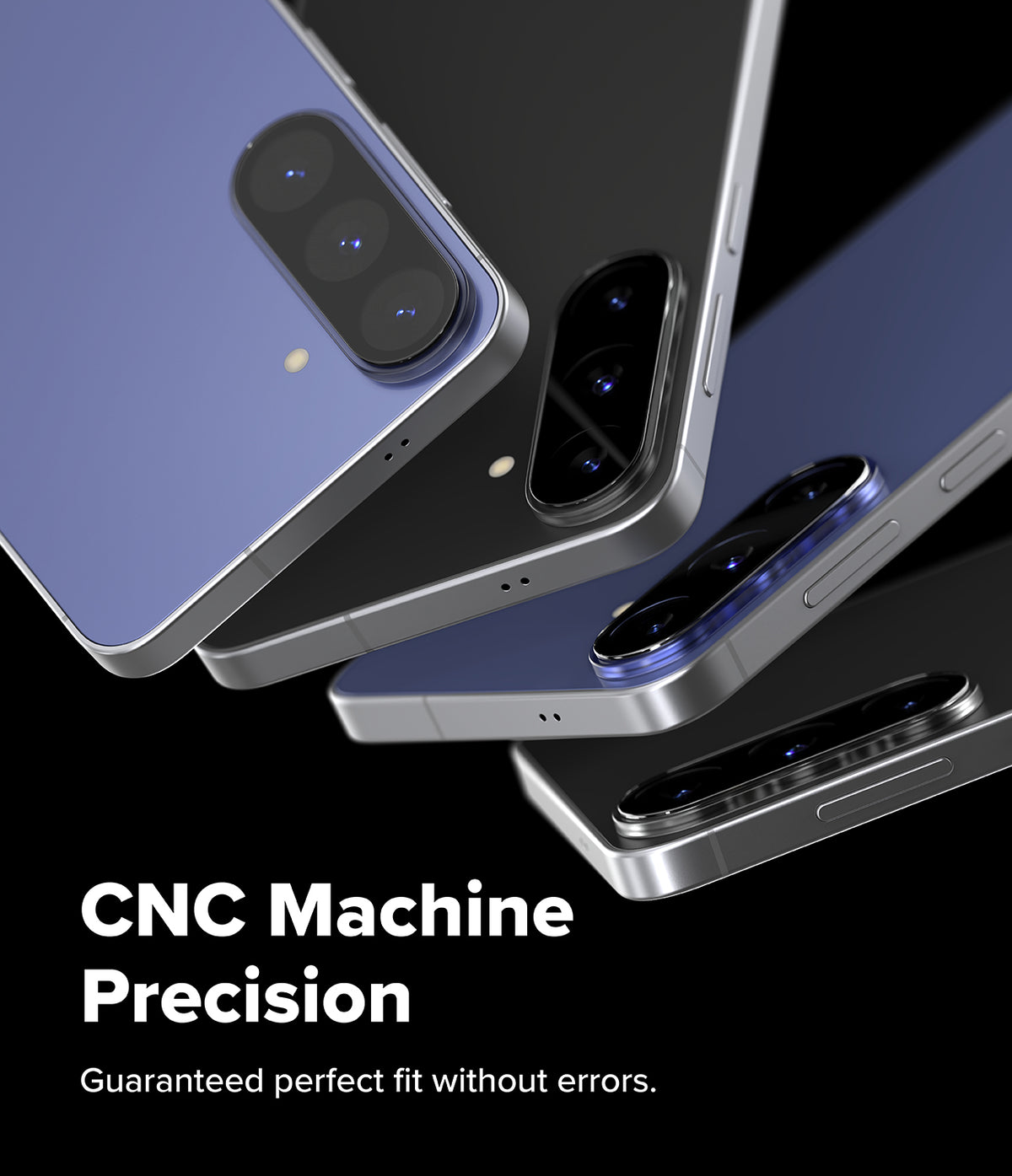 Bundle 15% Galaxy S26 FE Camera Protector | Camera Full Cover Tempered Glass all-groups - Three smartphones shown at an angle on a black background, with large camera cutouts and a blue-purple back panel. White text reads 'CNC Machine Precision' and 'Guaranteed perfect fit without errors.