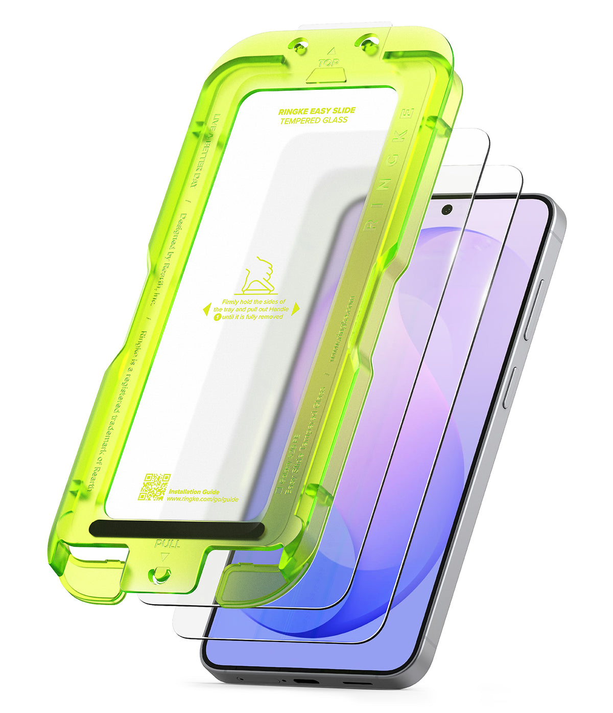 Galaxy S26 FE Screen Protector | Easy Slide Tempered Glass (2P) - A set of three clear tempered glass screen protectors, including one in a bright neon green protective case, shown floating over a smartphone with a purple and blue gradient screen.