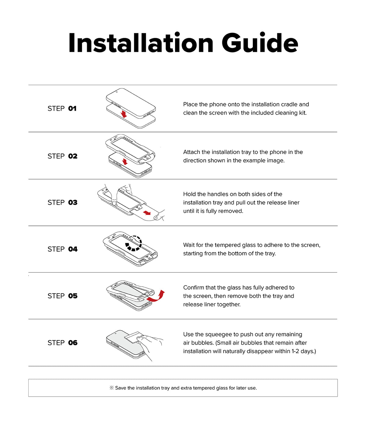 Galaxy S26 FE Screen Protector | Easy Slide Tempered Glass (2P) - An installation guide sheet with six numbered steps showing a smartphone and glass panel being handled, with text instructions on a white background.