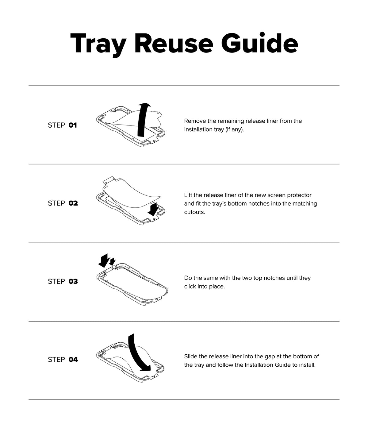 Galaxy S26 FE Screen Protector | Easy Slide Tempered Glass (2P) - Tray Reuse Guide with step-by-step instructions on a white background