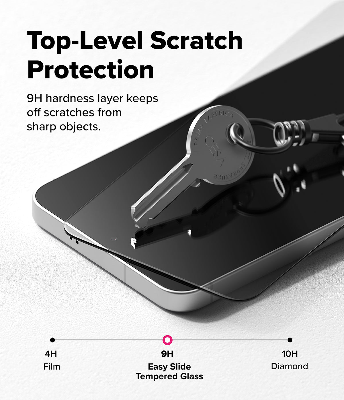 Bundle 15% Galaxy S26 FE Screen Protector | Easy Slide Tempered Glass all-groups - A close-up promotional graphic for a smartphone screen protector showing a key resting on the glossy black glass. Large text reads 'Top-Level Scratch Protection' with smaller copy about a 9H hardness layer.