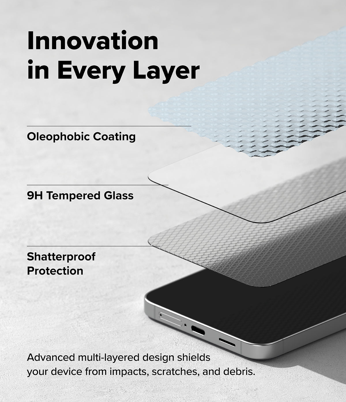 Bundle 15% Galaxy S26 FE Screen Protector | Easy Slide Tempered Glass all-groups - A promotional graphic showing a smartphone layered with protective materials. Large text reads 'Innovation in Every Layer' with callouts for 'Oleophobic Coating,' '9H Tempered Glass,' and 'Shatterproof Protection.