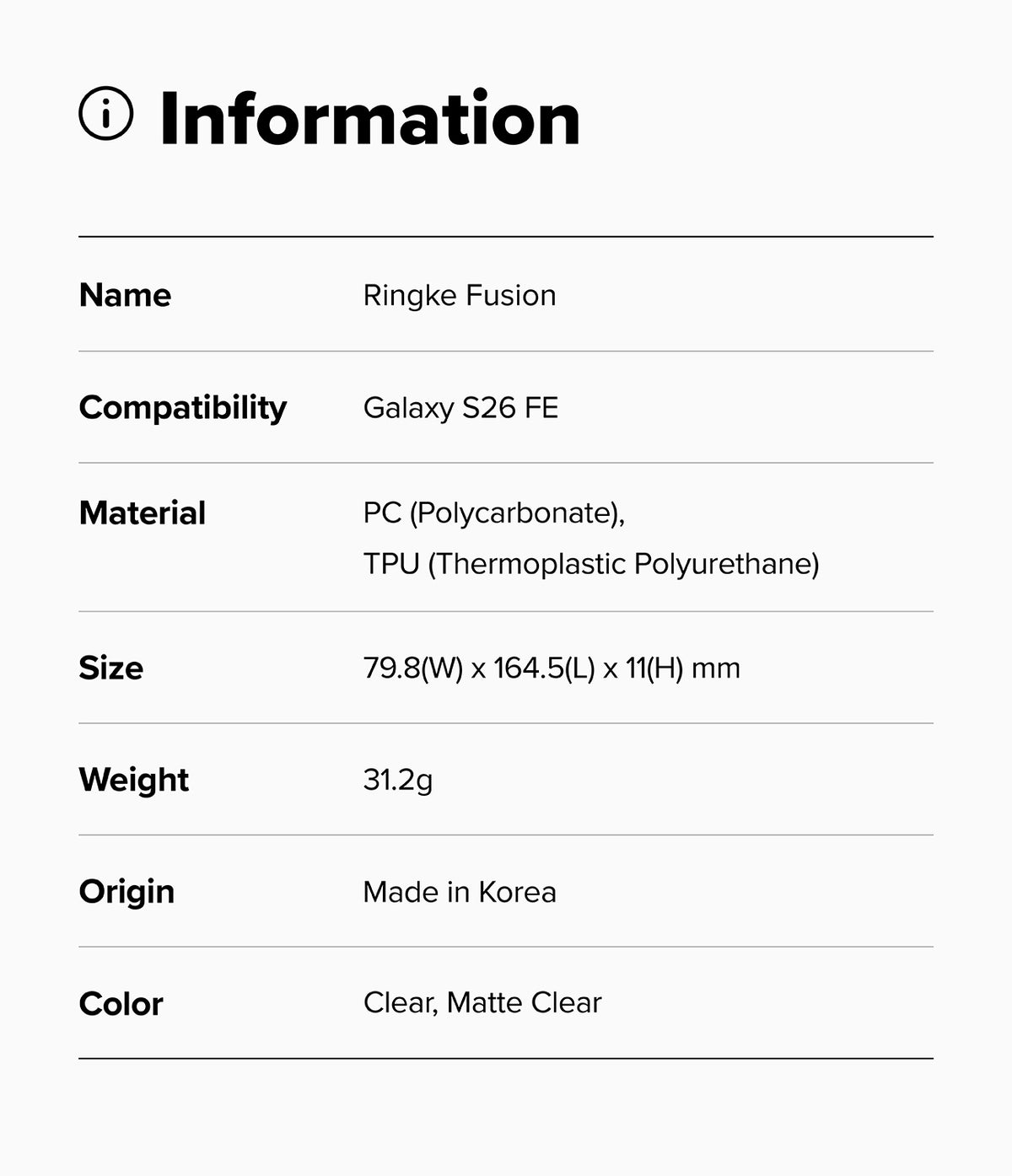 Galaxy S26 FE Case | Fusion - Product information card for Ringke Fusion-X case with specifications on a white background