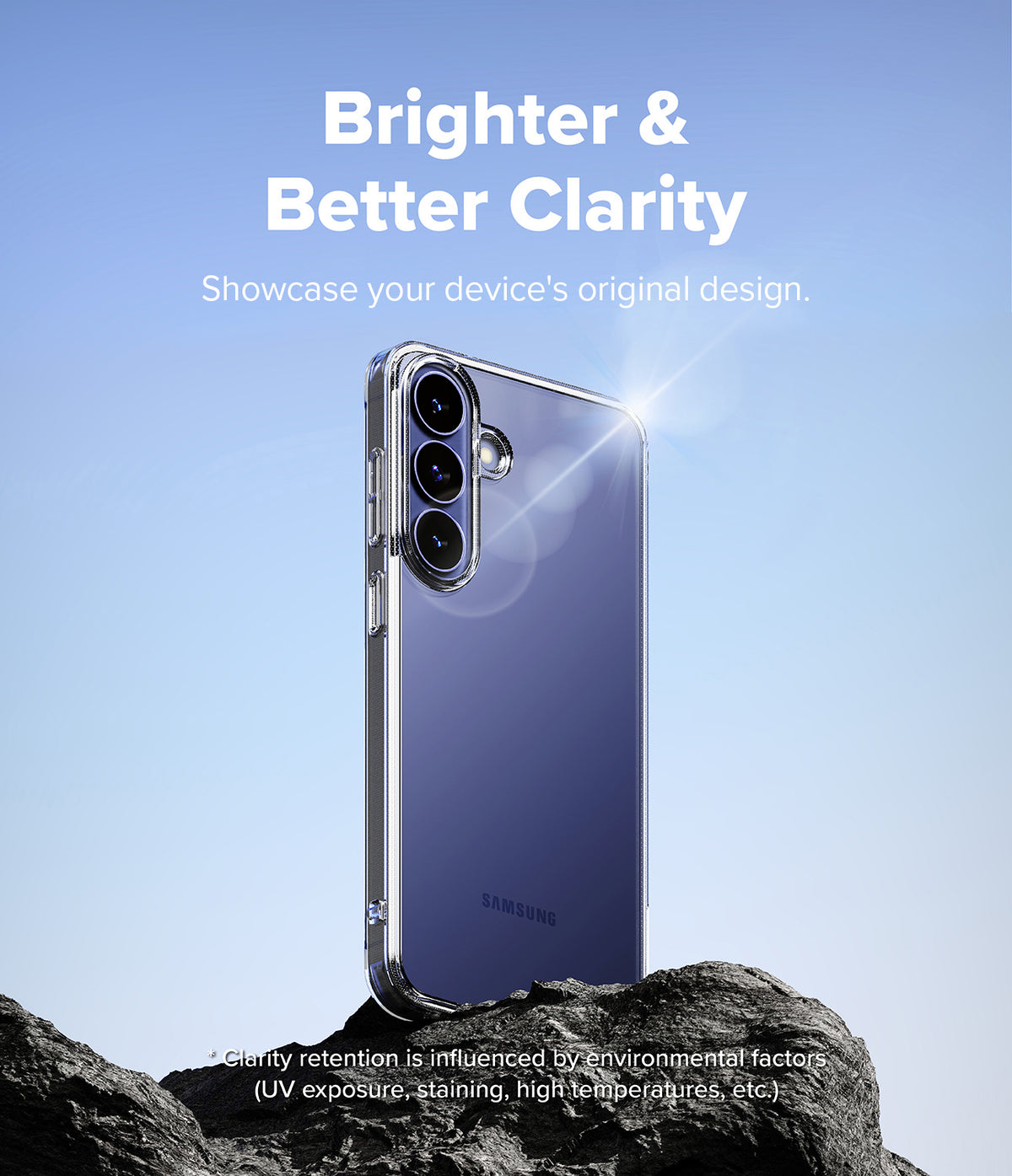 Bundle 15% Galaxy S26 FE Case | Fusion all-groups - A clear protective phone case shown on a Samsung smartphone, standing on dark rocks against a blue sky background. White text at the top reads 'Brighter & Better Clarity' and says to showcase the device's original design.