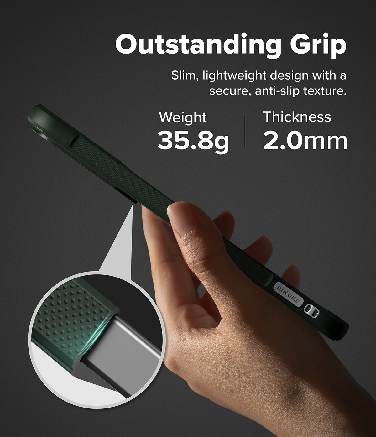 Galaxy S26 FE Case | Onyx - A hand holds a dark green textured phone case against a dark gray background, with promotional text reading 'Outstanding Grip' and a circular inset showing the textured grip detail.