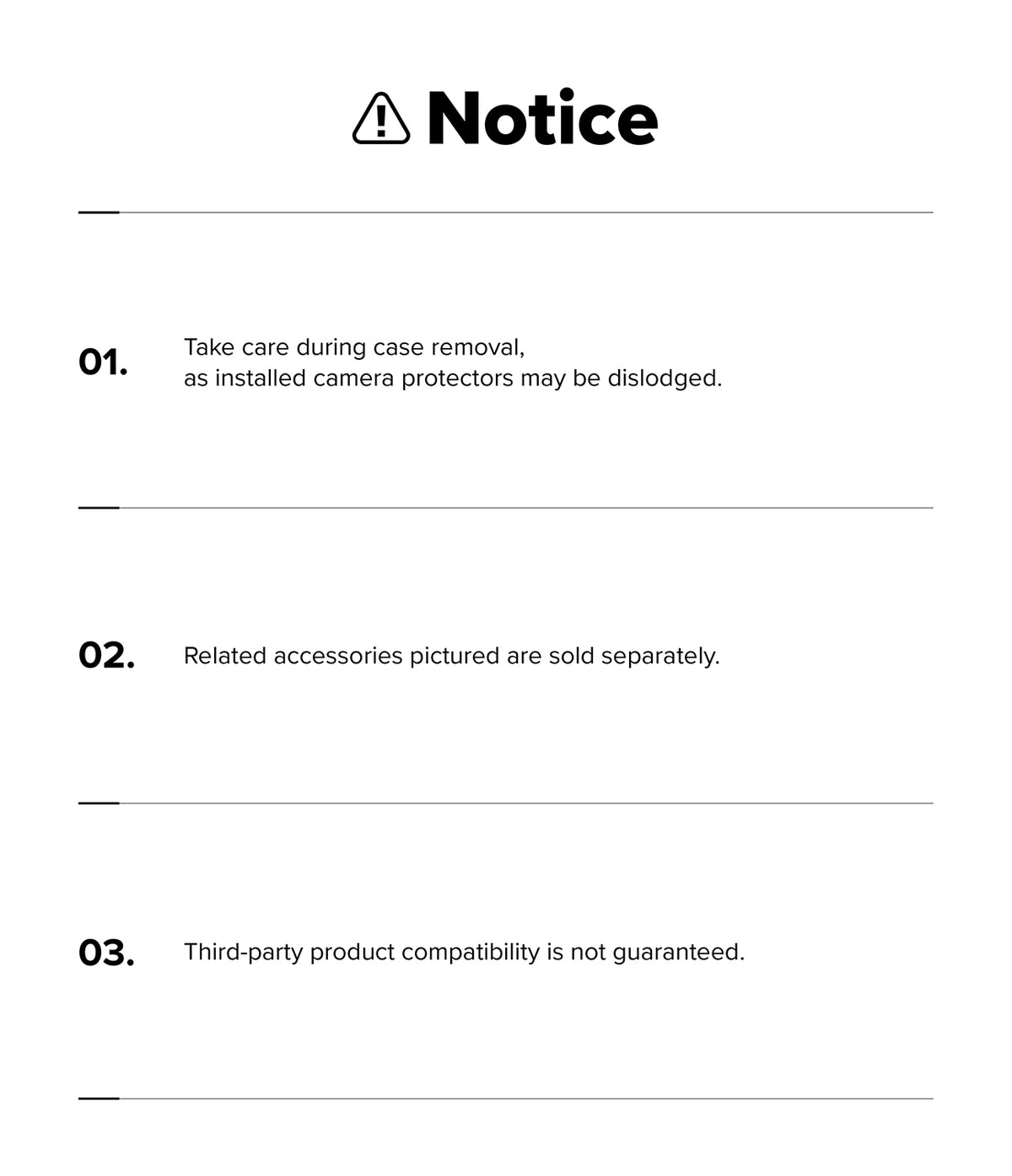 Galaxy S26 FE Case | Onyx Magnetic - A white notice sheet with black text and lines, headed 'Notice' with a warning icon. The text lists three points about camera protector removal, sold accessories, and third-party product compatibility.