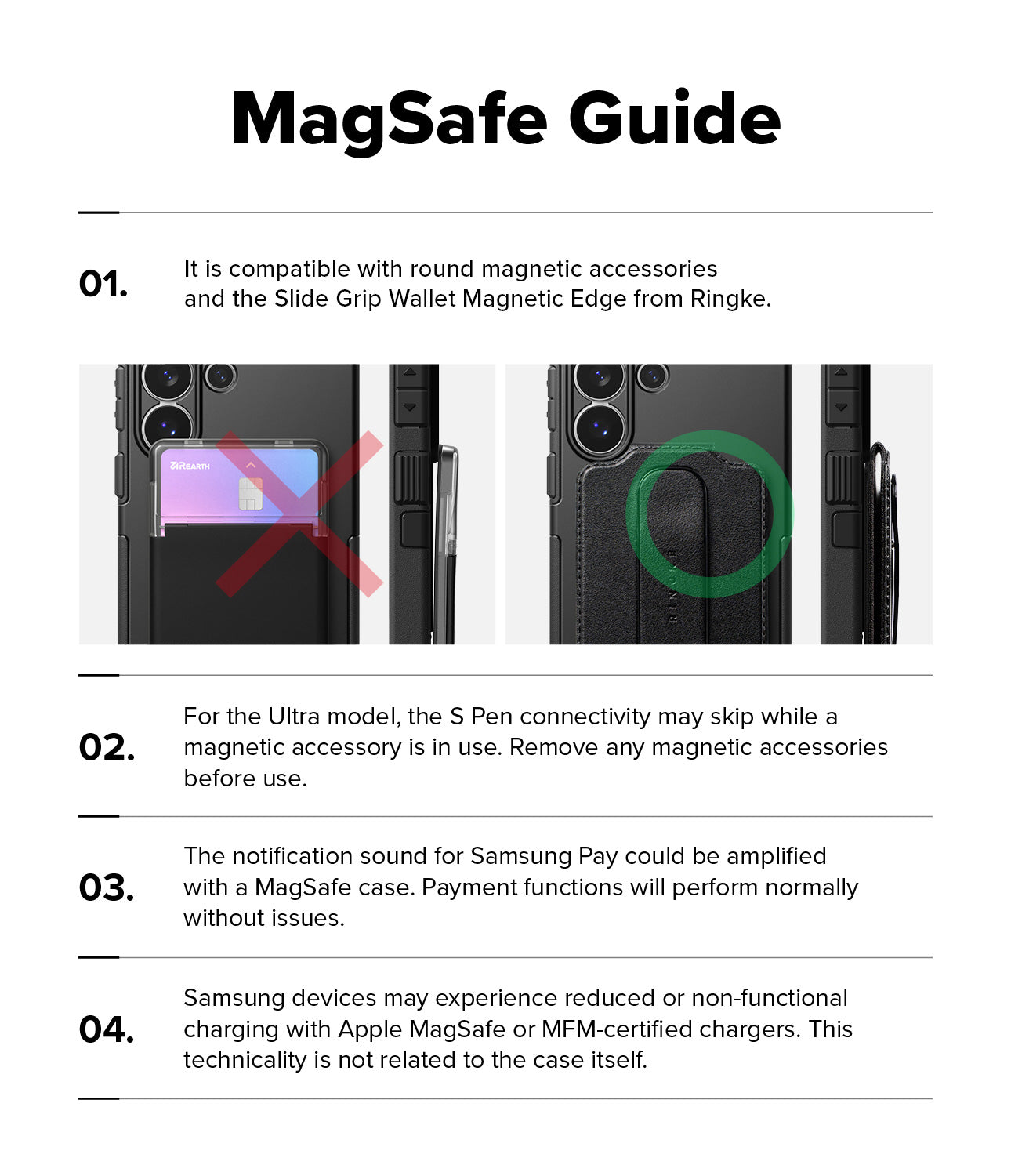 Galaxy S26 Ultra Case | Alles - Infographic showing MagSafe compatibility, S Pen interference, and charging notes for the case.