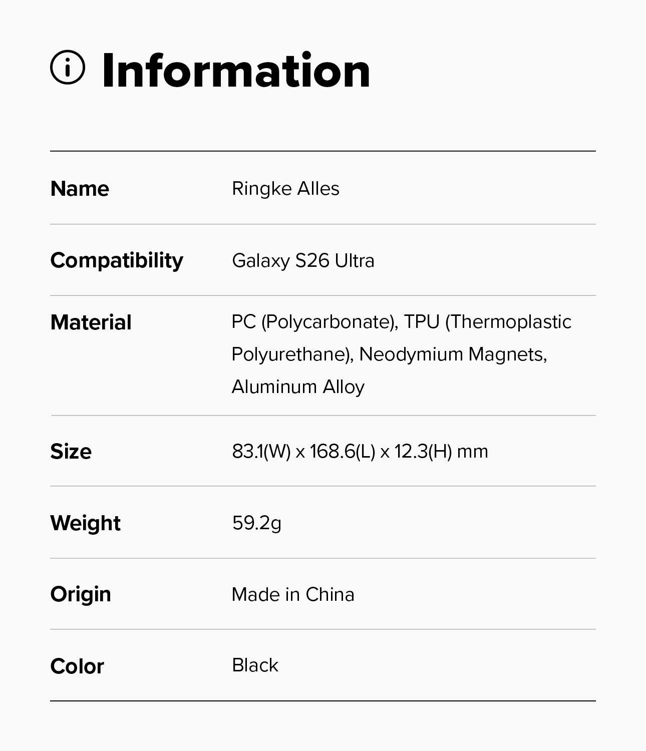 Galaxy S26 Ultra Case | Alles - Information table listing product name, compatibility, materials, size, weight, origin, and color.
