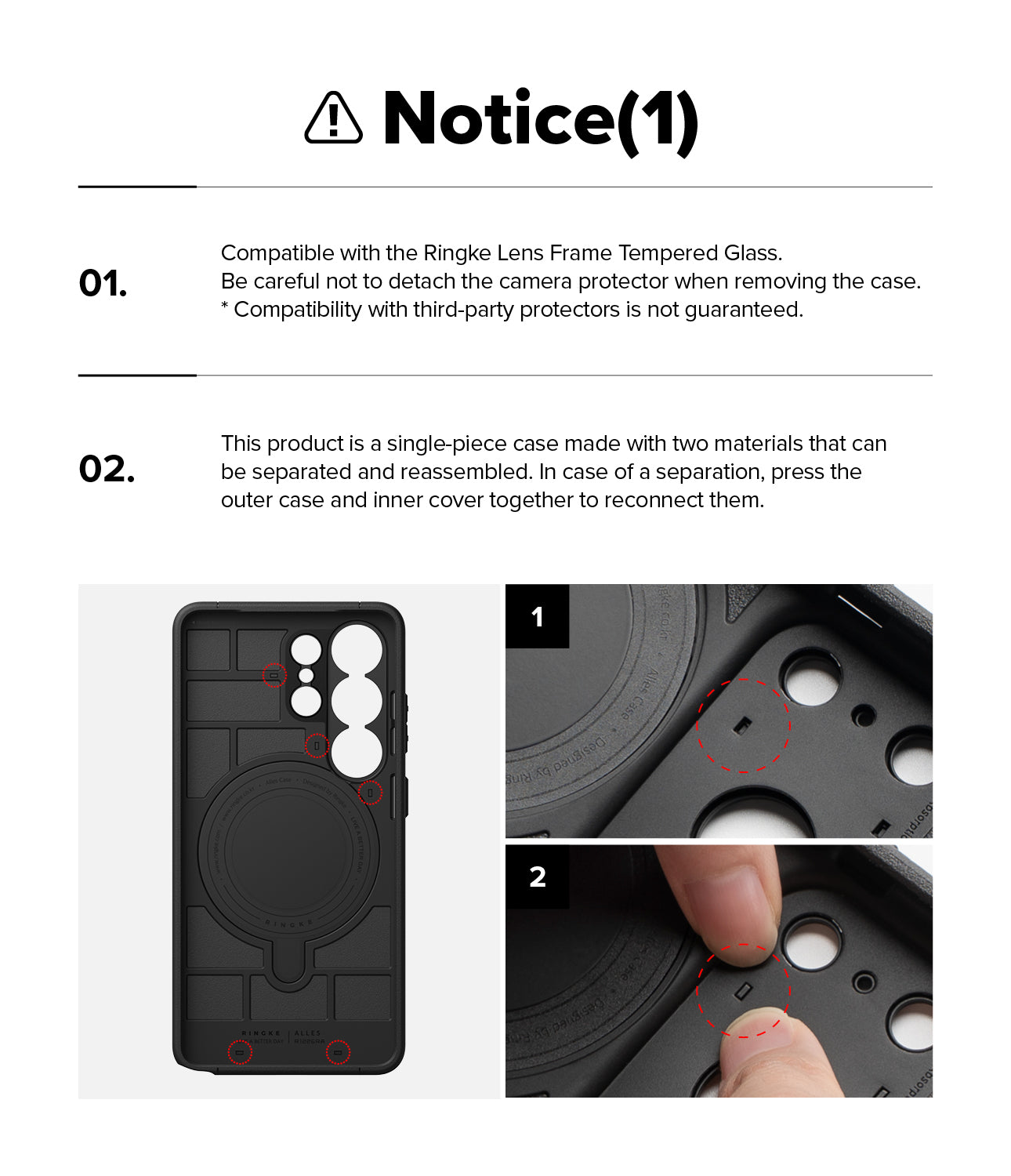 Galaxy S26 Ultra Case | Alles - Informational graphic showing case assembly and camera protector compatibility.