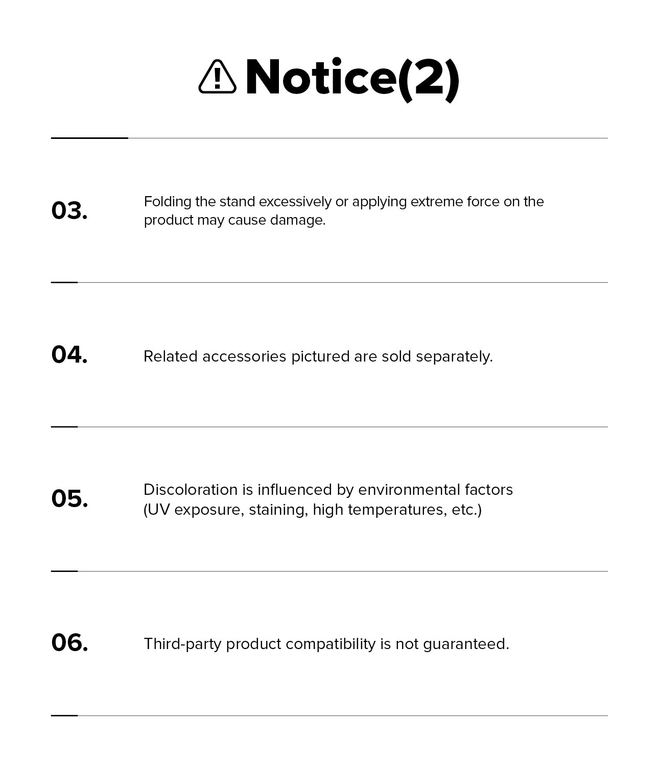 Galaxy S26 Ultra Case | Alles - Informational notice listing four numbered warnings regarding product care and compatibility.