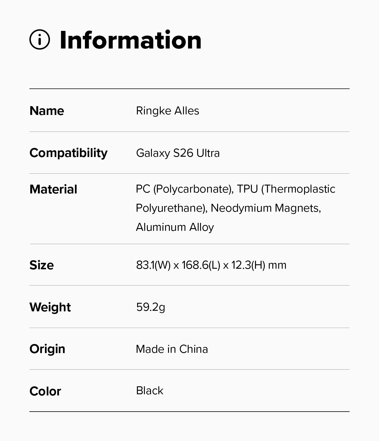Galaxy S26 Ultra Case | Alles - Information table listing product name, compatibility, materials, size, weight, origin, and color.