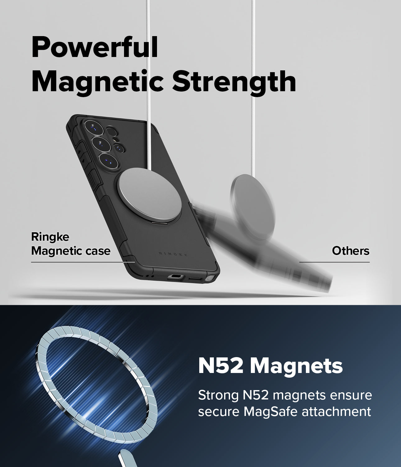 Galaxy S26 Ultra Case | Alles - A phone case securely holding a magnetic disc while another falls away, highlighting N52 magnets.