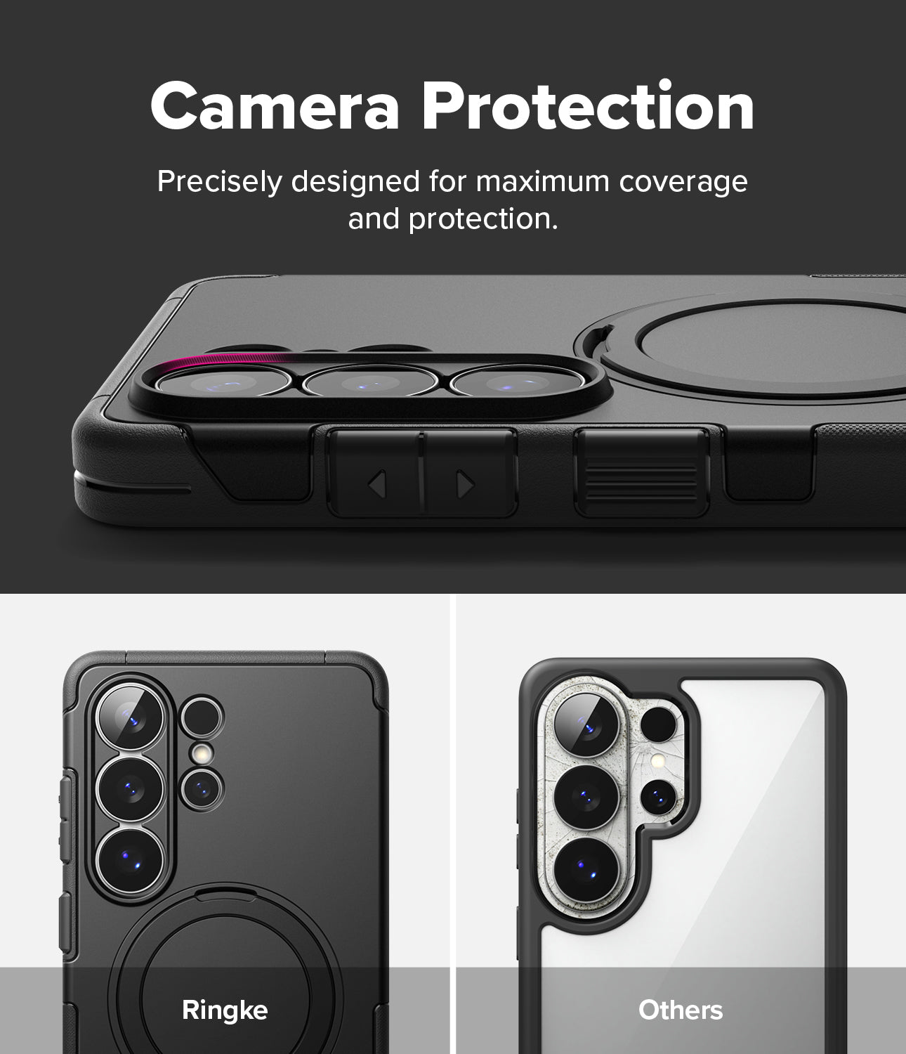 Galaxy S26 Ultra Case | Alles - Comparison showing Ringke case camera coverage versus a competitor's exposed design.