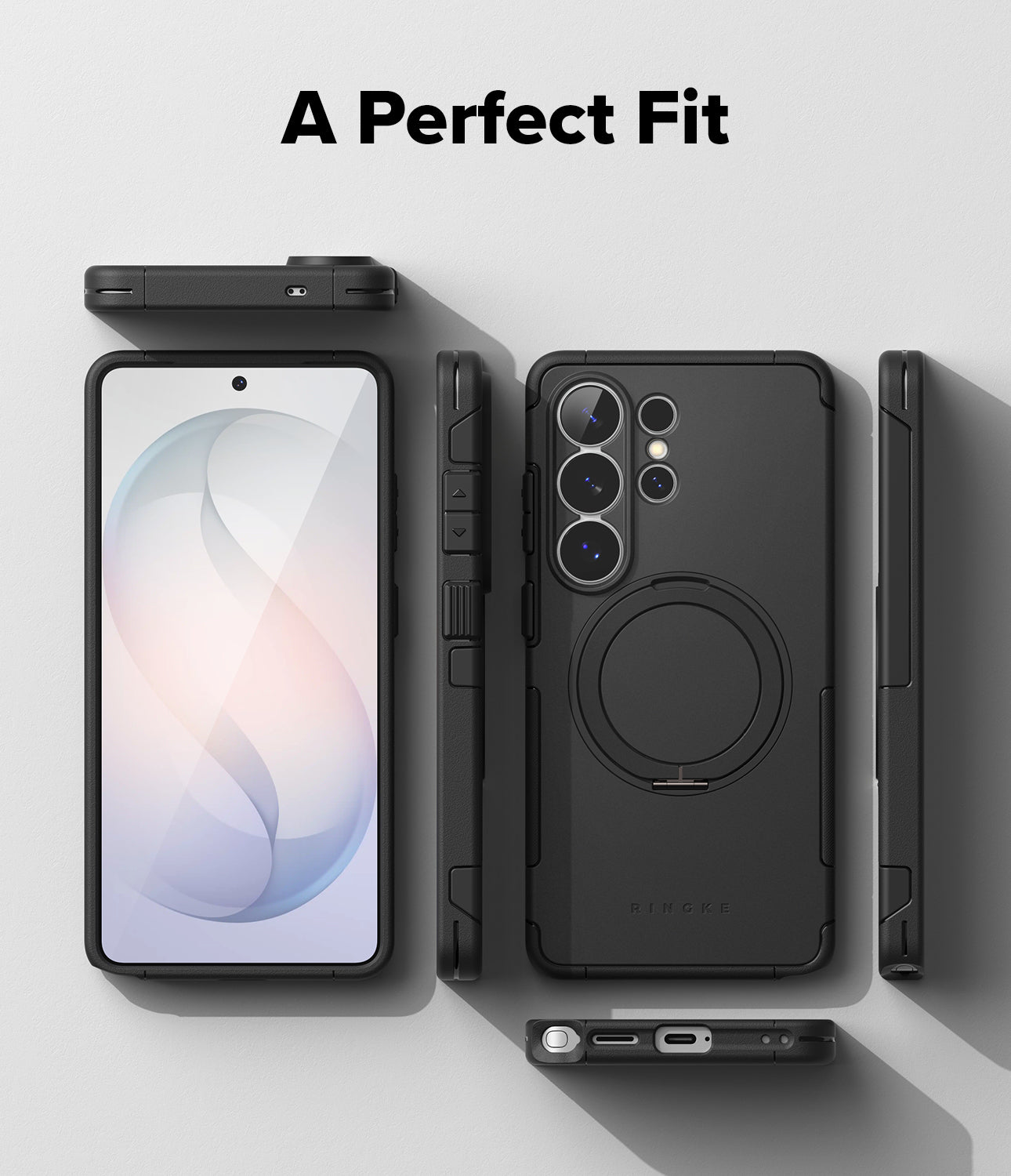 Galaxy S26 Ultra Case | Alles - Black protective phone case shown from multiple angles with a built-in ring stand.