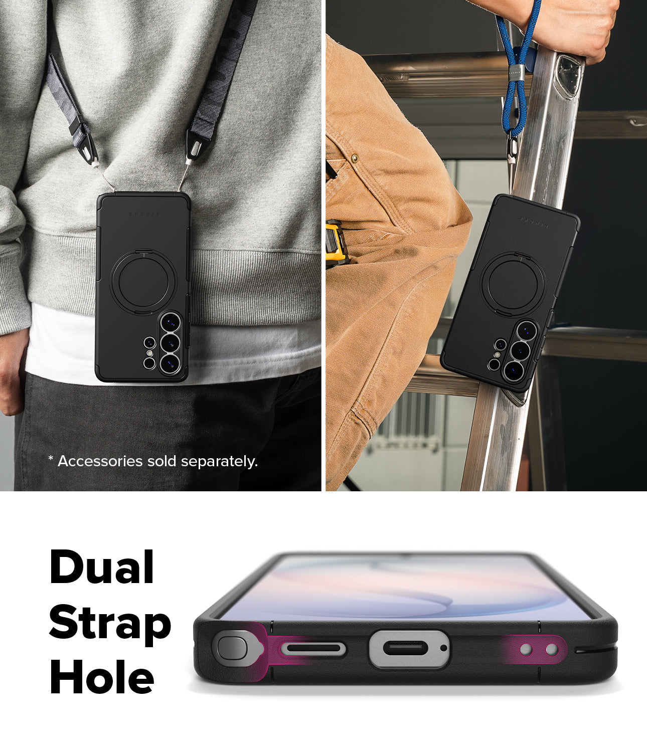 Galaxy S26 Ultra Case | Alles - Black phone case with dual strap holes, shown worn with lanyards and from the bottom edge.