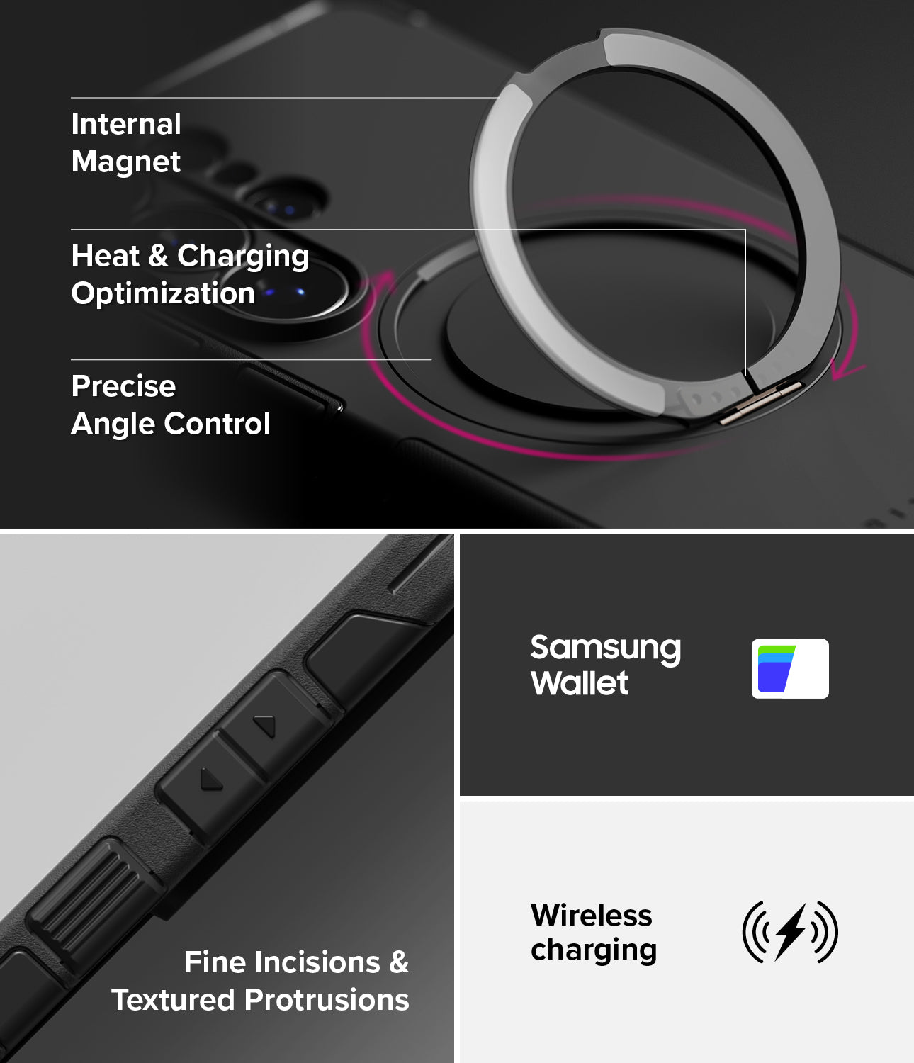 Galaxy S26 Ultra Case | Alles - Features of a black phone case showing magnetic ring, textured buttons, and wireless charging.