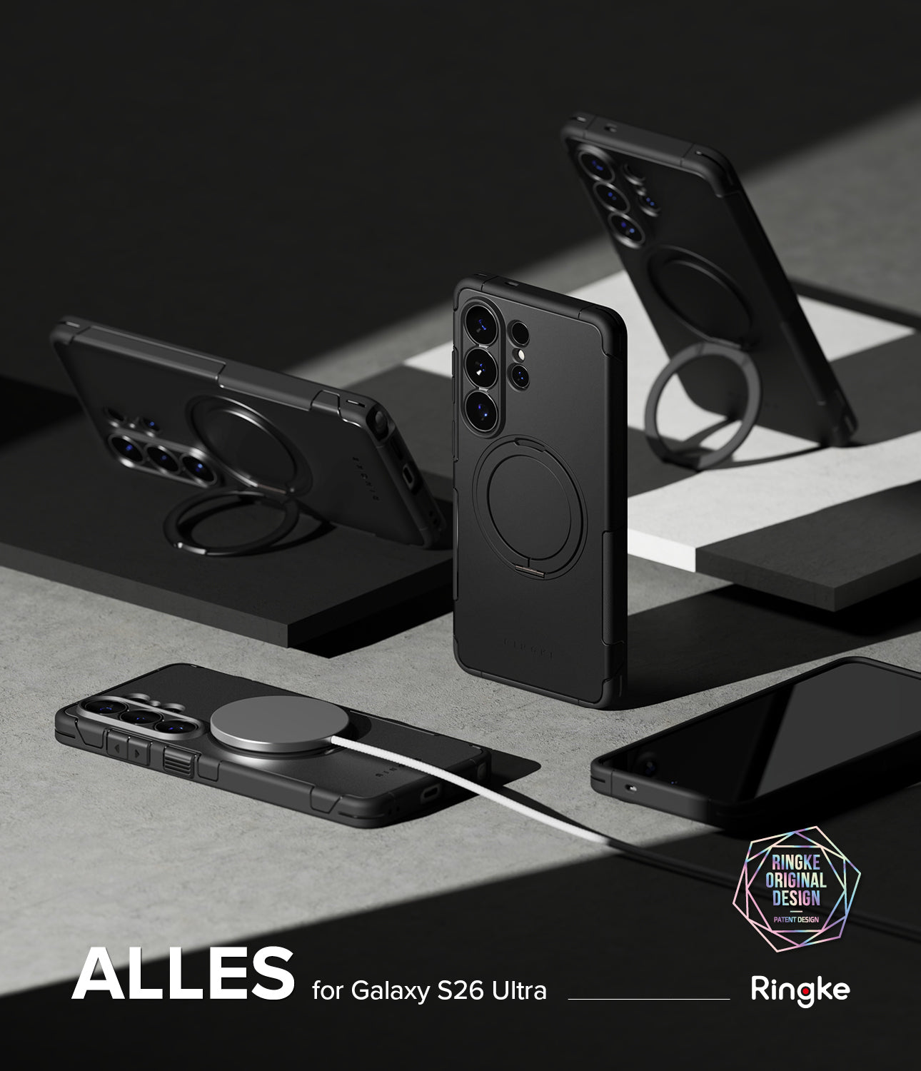Galaxy S26 Ultra Case | Alles - Black phone cases with integrated ring stands and magnetic charging on a geometric display.