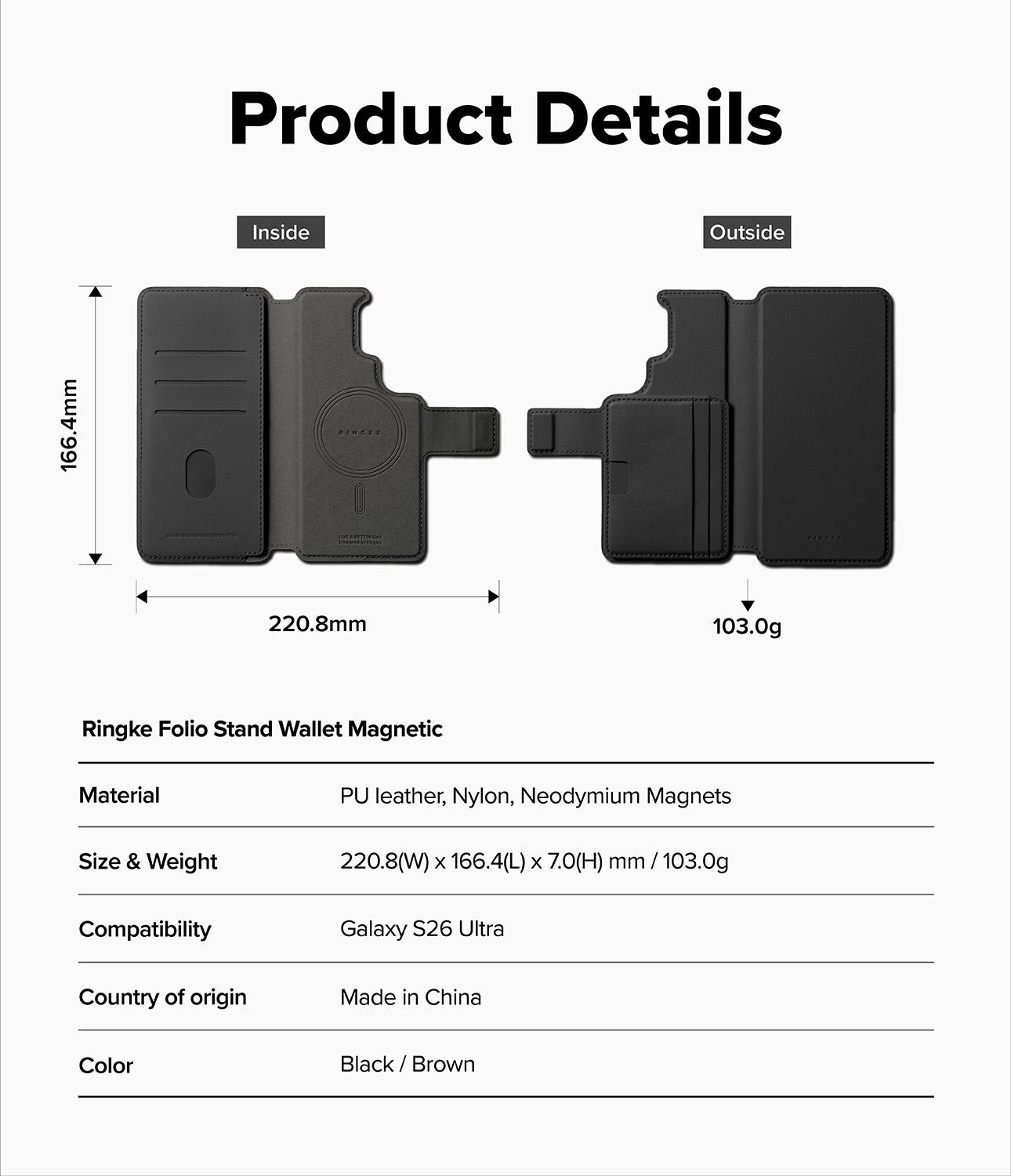 Galaxy S26 Ultra Cover | Folio Stand Wallet Magnetic - Technical diagram showing dimensions and features of the case.
