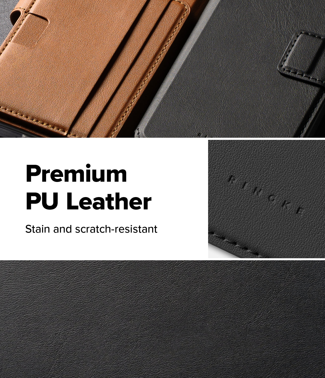 Galaxy S26 Ultra Cover | Folio Stand Wallet Magnetic - Galaxy S26 Ultra Cover - Close-up of tan and black leather wallet cases with Ringke branding and textured material detail.
