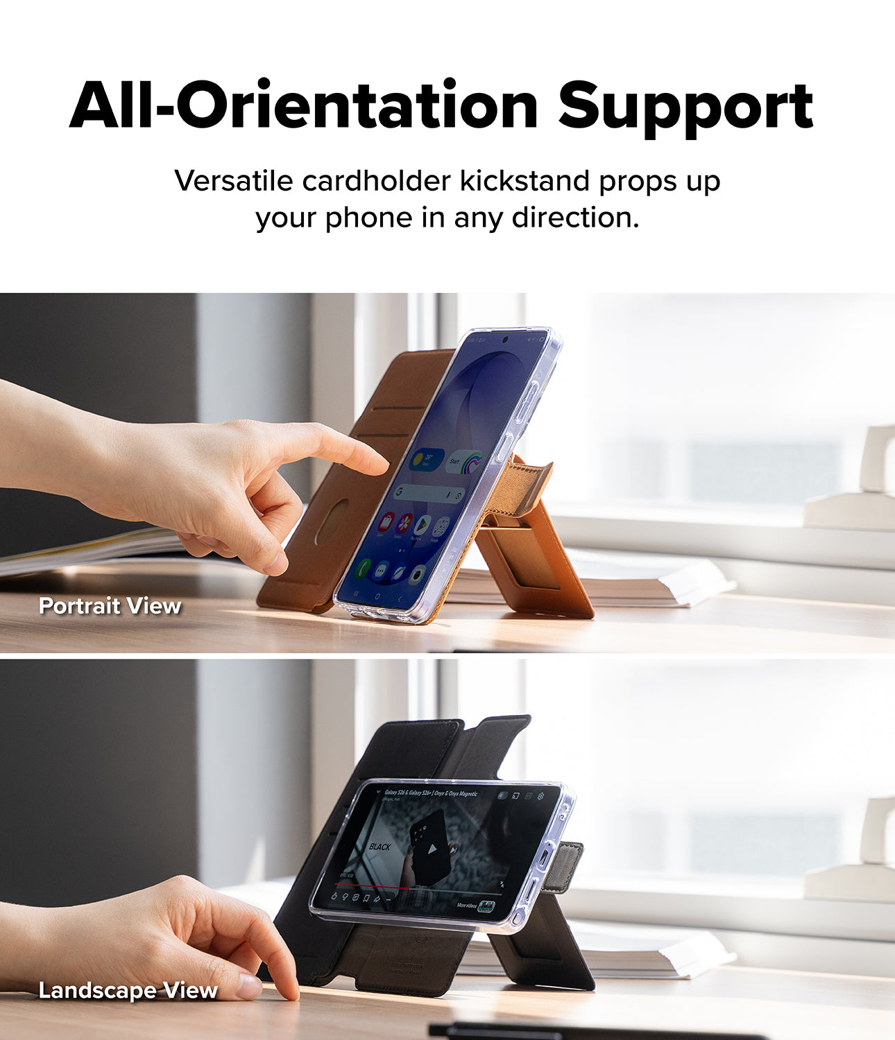 Galaxy S26 Ultra Cover | Folio Stand Wallet Magnetic - Phone case propped in portrait and landscape modes on a desk.