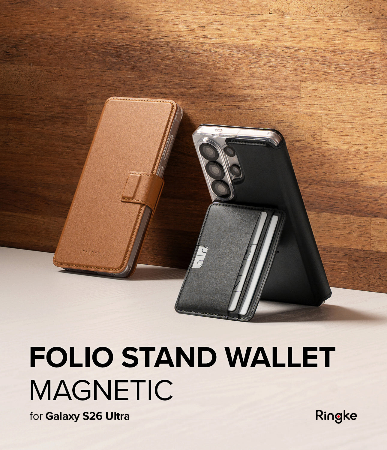 Galaxy S26 Ultra Cover | Folio Stand Wallet Magnetic - Brown folio case and black magnetic card wallet on a phone.