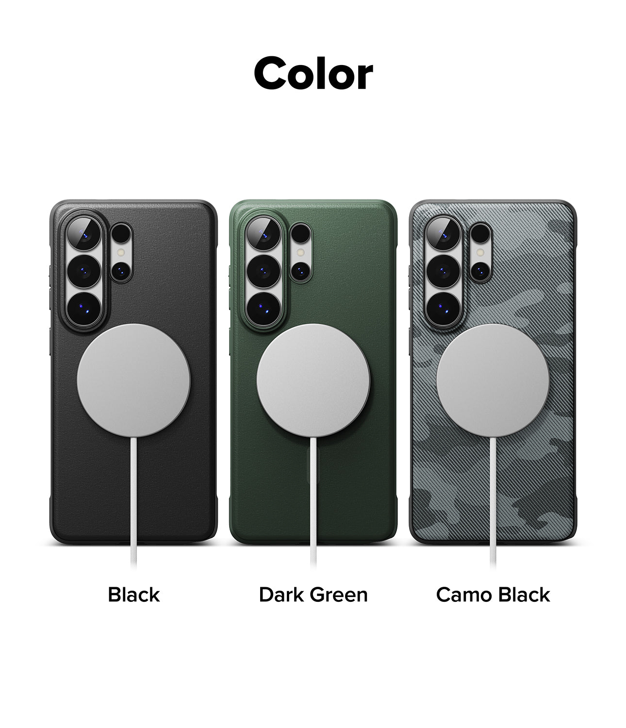 Galaxy S26 Ultra Case | Onyx Magnetic - Three magnetic phone cases in black, dark green, and camo black with charging pads.