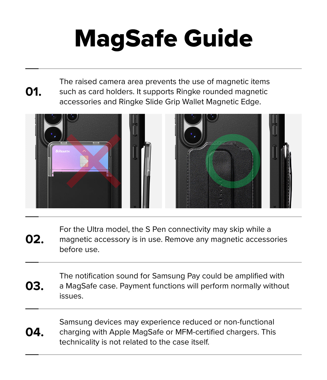 Galaxy S26 Ultra Case | Onyx Magnetic - Infographic showing MagSafe compatibility, accessory usage, and S Pen tips.