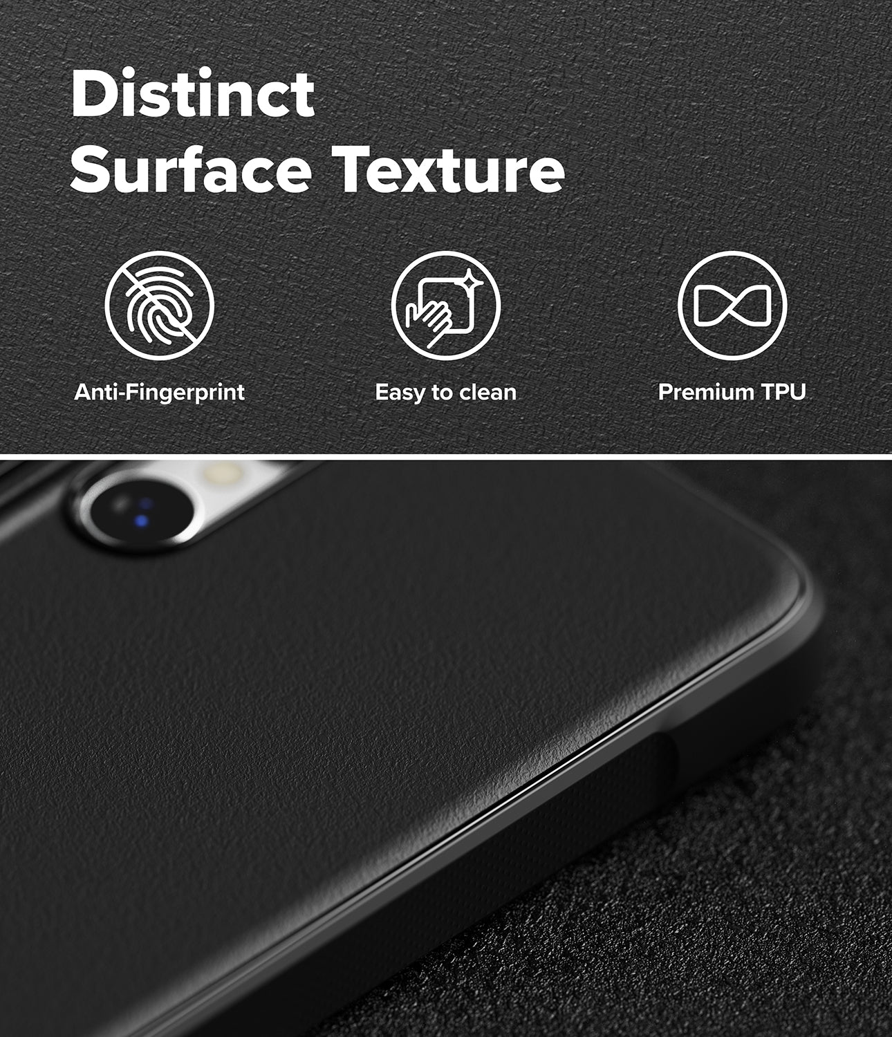 Galaxy S26 Ultra Case | Onyx Magnetic - Close-up of black textured phone case with anti-fingerprint and easy-clean icons.