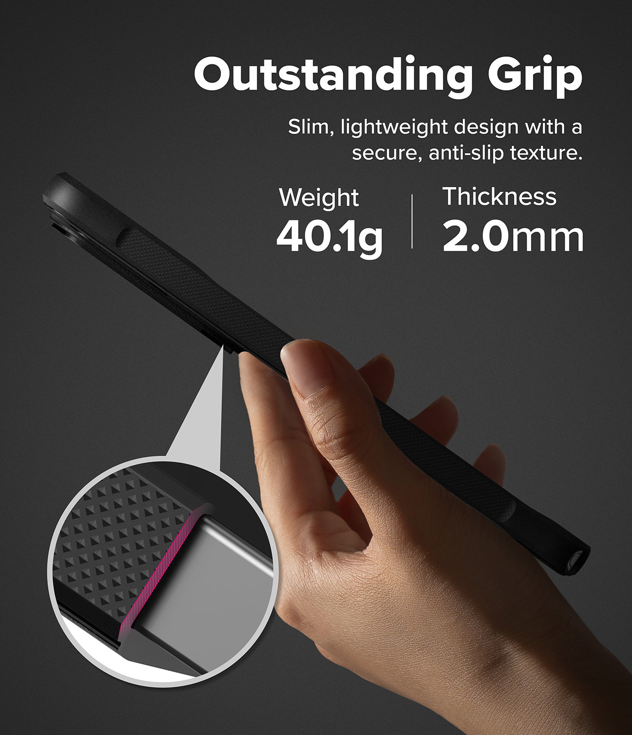 Galaxy S26 Ultra Case | Onyx Magnetic - Hand holding a slim black phone case with a textured grip and 40.1g weight.