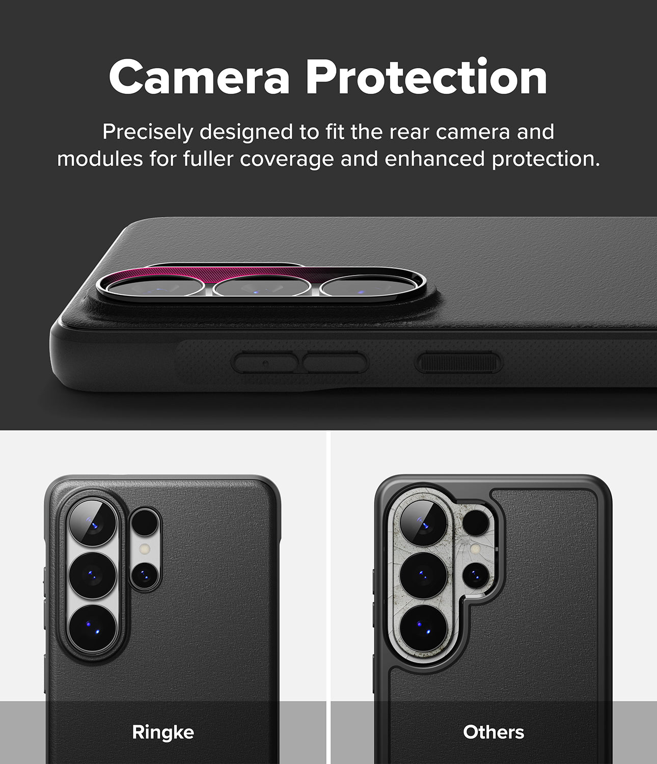 Galaxy S26 Ultra Case | Onyx Magnetic - Comparison showing precise camera module coverage versus a standard case.