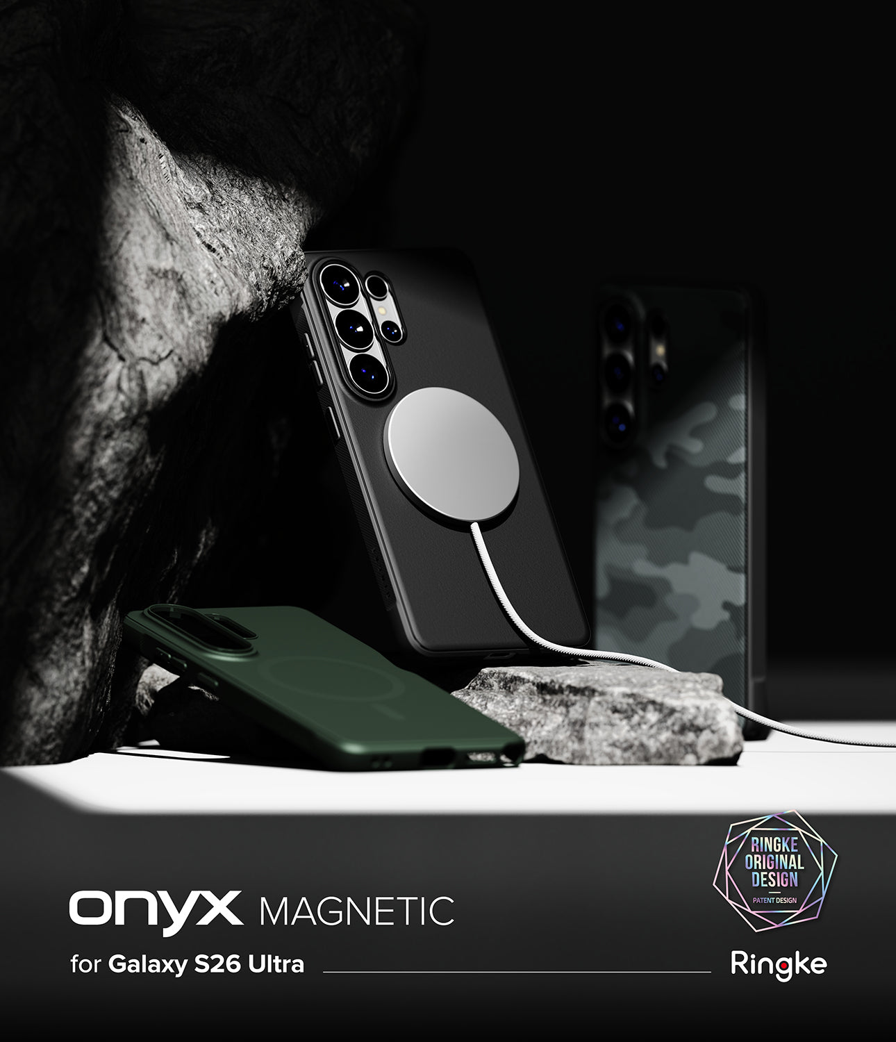 Galaxy S26 Ultra Case | Onyx Magnetic - Three Onyx magnetic phone cases displayed on rocks against a dark background.