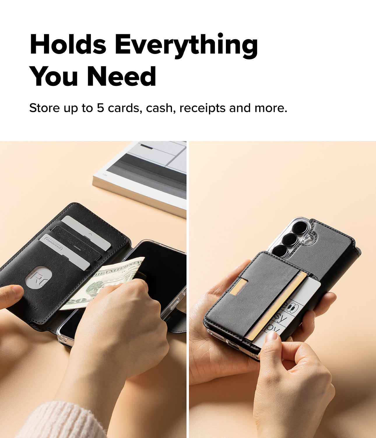 Galaxy S26 Cover | Folio Stand Wallet Magnetic - Black folio phone case showing card slots, cash storage, and magnetic attachment.