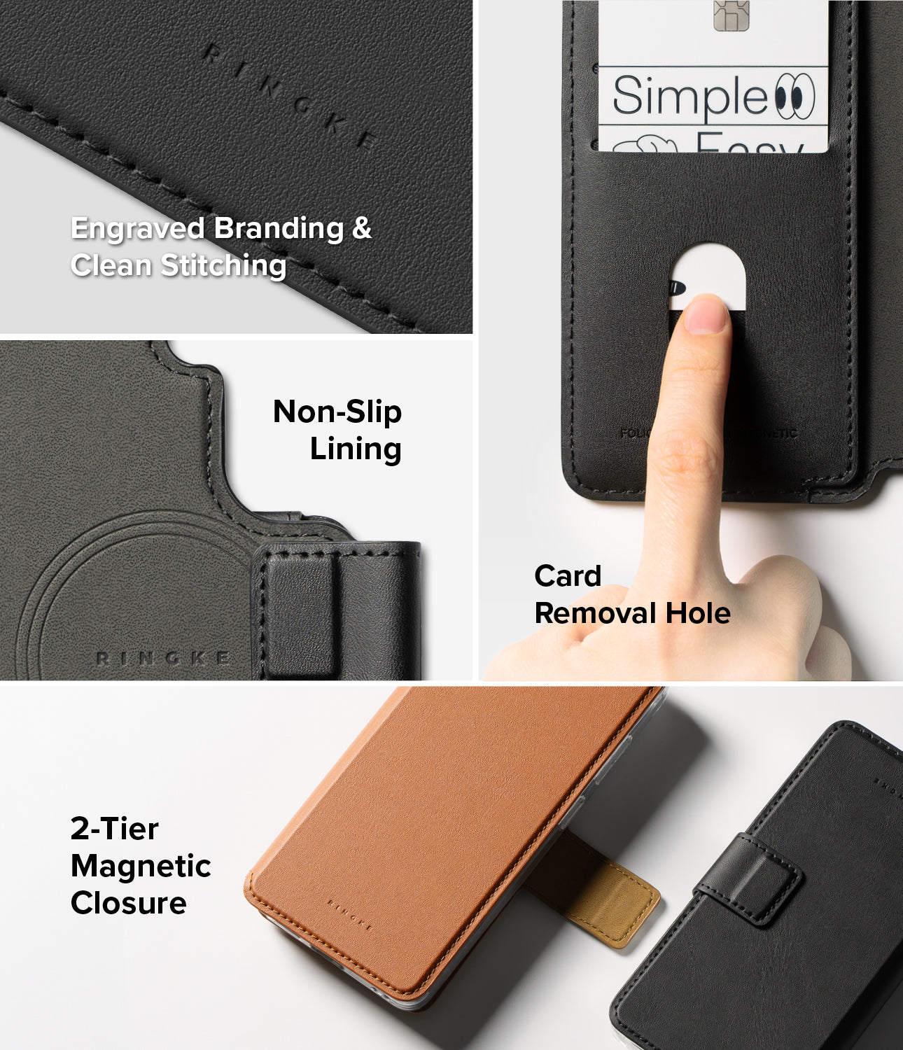 Galaxy S26 Cover | Folio Stand Wallet Magnetic - Galaxy S26 Cover - Features showing engraved branding, card slot with removal hole, non-slip lining, and magnetic closure.