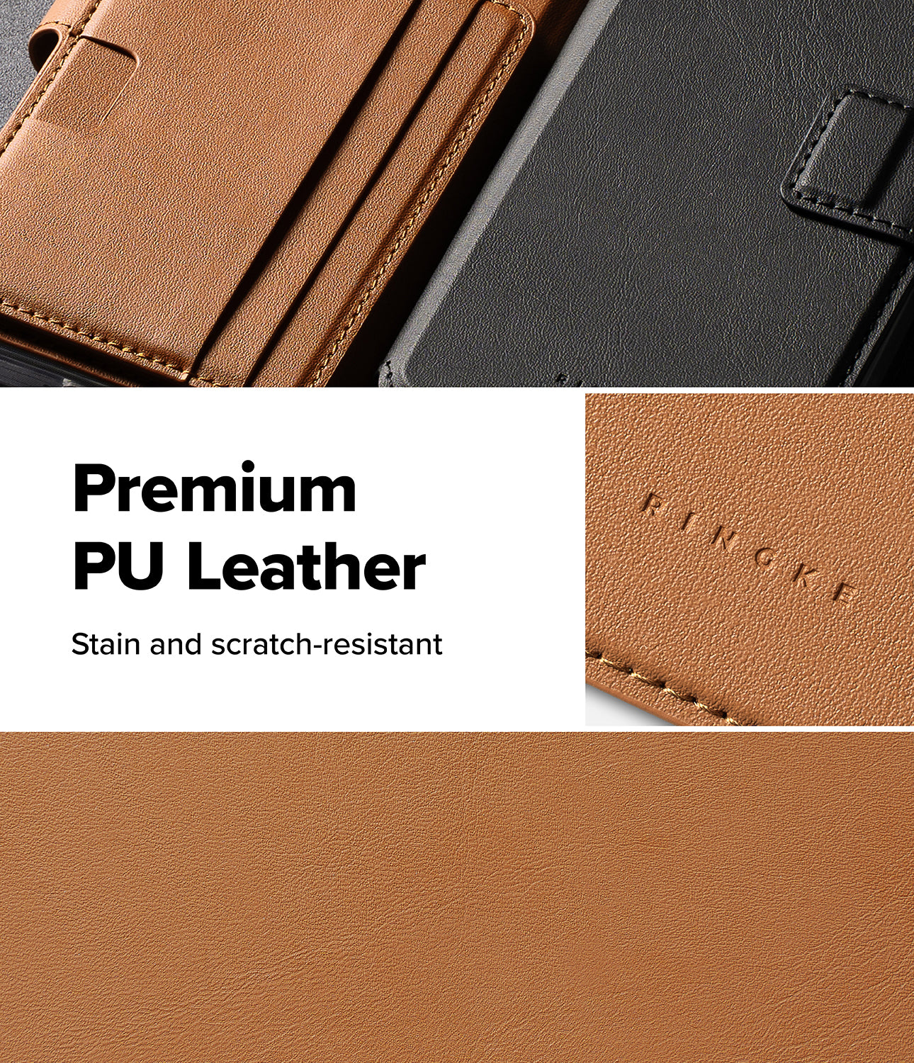 Galaxy S26 Cover | Folio Stand Wallet Magnetic - Galaxy S26 Cover - Close-up of tan and black PU leather wallet cases with Ringke branding and textured material details.