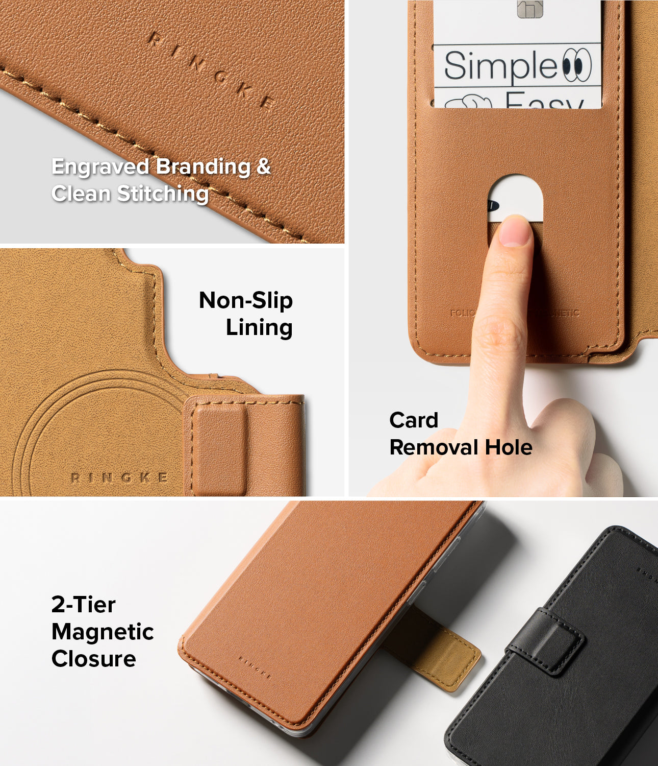 Galaxy S26 Cover | Folio Stand Wallet Magnetic - Features showing leather texture, card slot, magnetic closure, and branding.