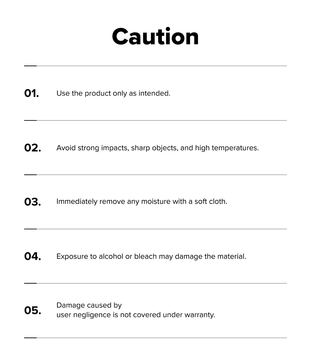 Galaxy S26 Plus Cover | Folio Stand Wallet Magnetic - Galaxy S26 Plus Cover - A list of five numbered caution points regarding product care, usage, and warranty limitations.