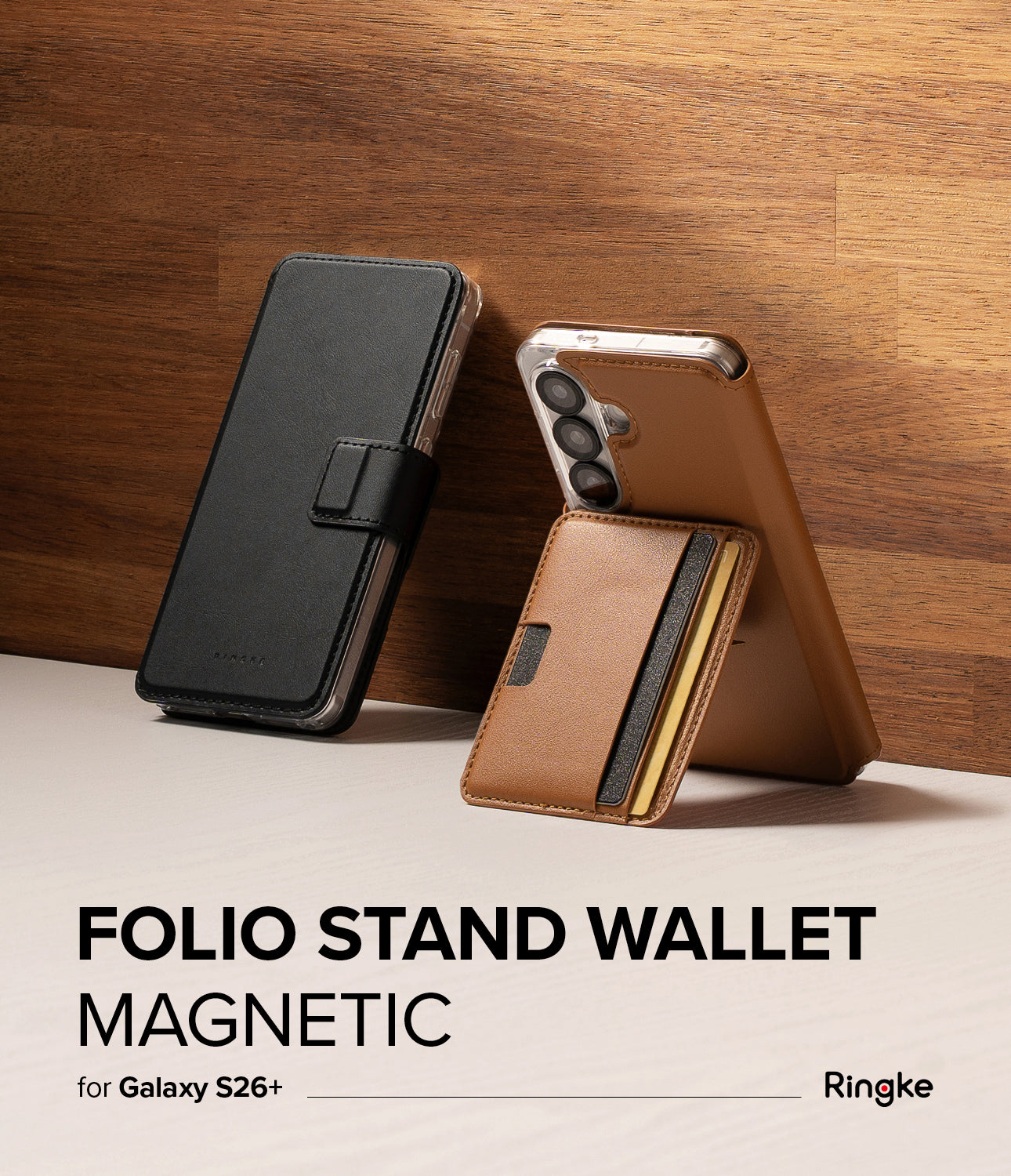 Galaxy S26 Plus Cover | Folio Stand Wallet Magnetic - Black and brown leather wallet cases for Galaxy S26+ on wood.