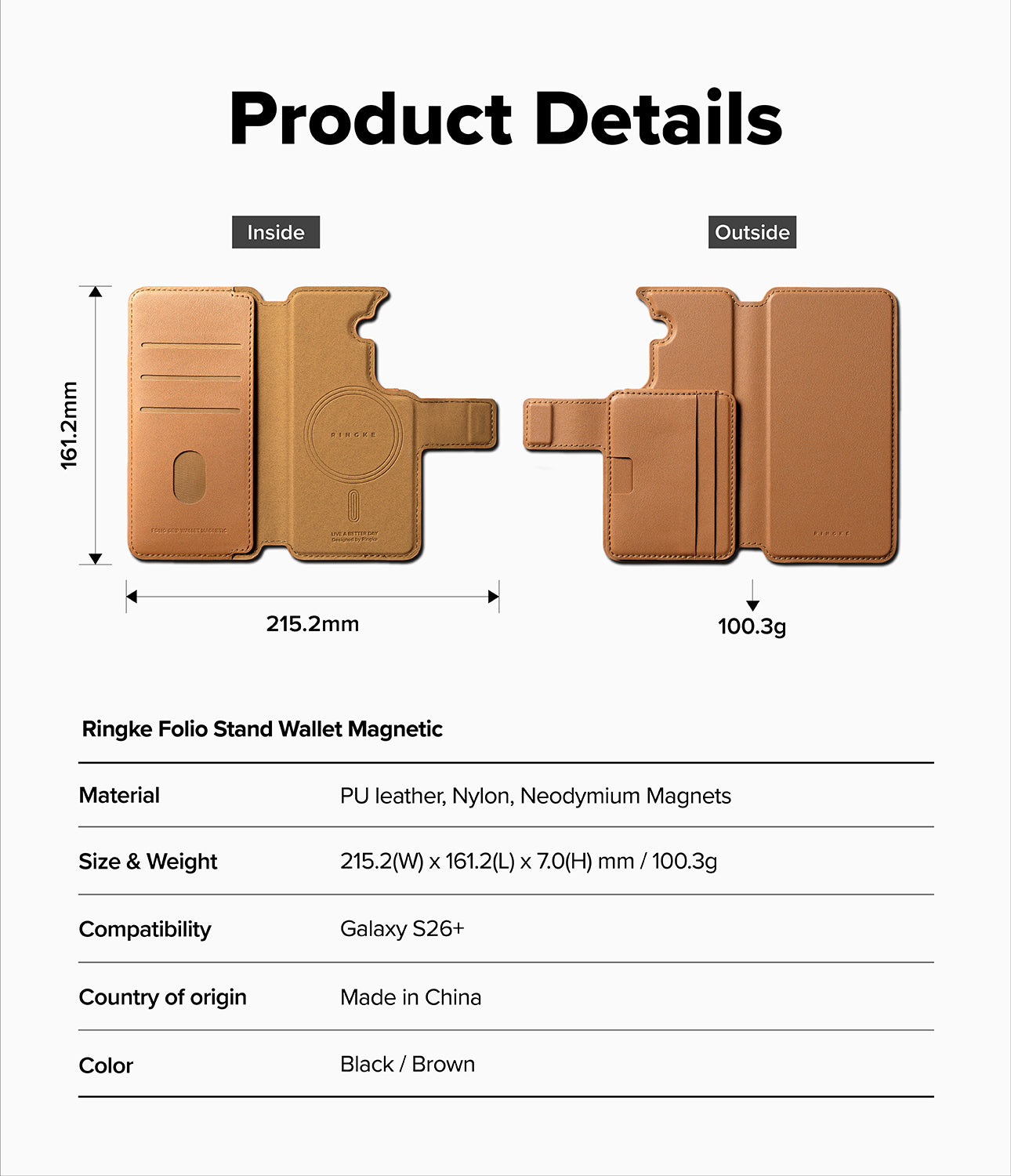Galaxy S26 Plus Cover | Folio Stand Wallet Magnetic - Galaxy S26 Plus Cover - Brown folio wallet case showing inside and outside views with dimensions and product specifications.