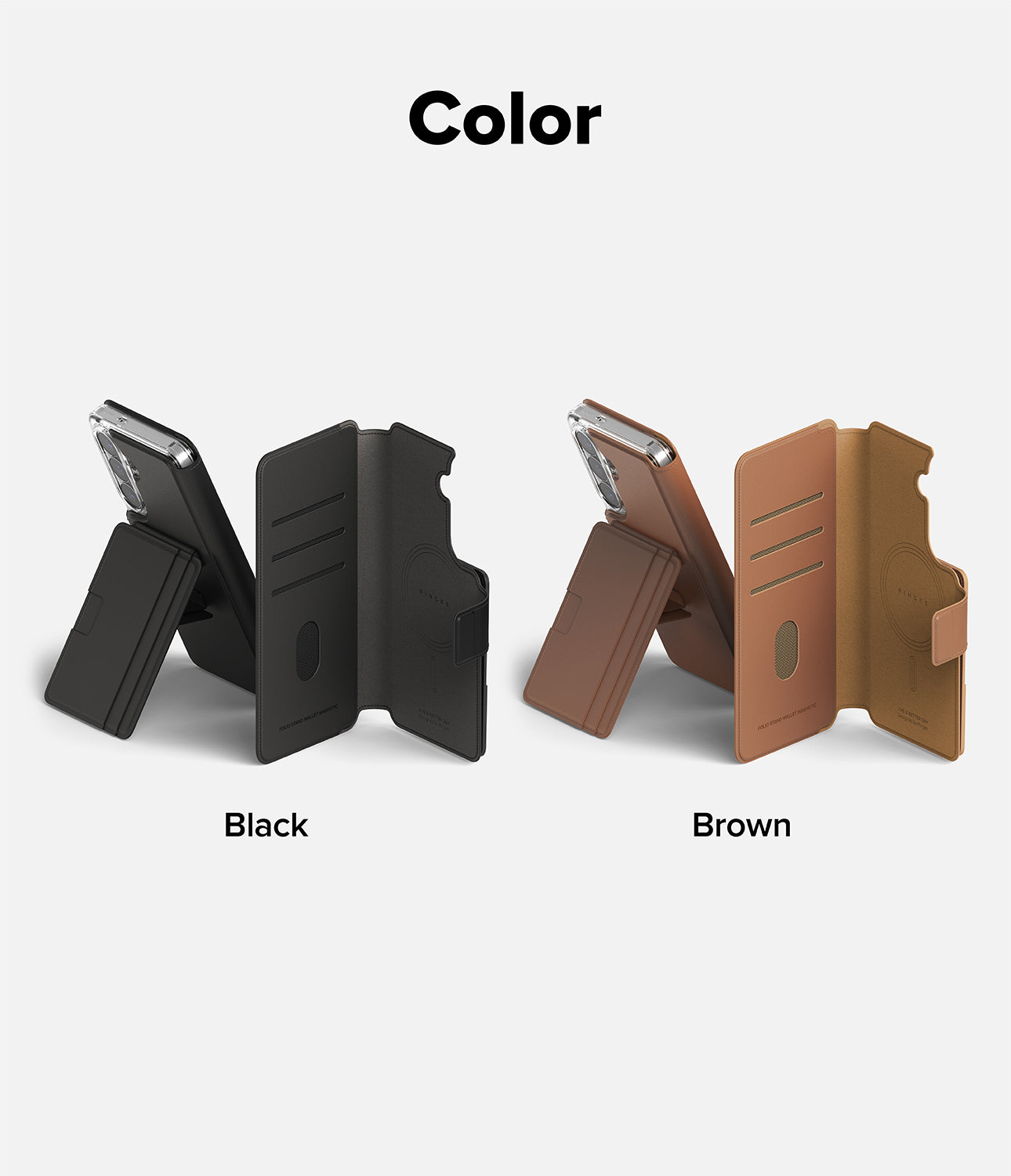 Galaxy S26 Plus Cover | Folio Stand Wallet Magnetic - Galaxy S26 Plus Cover - Black and brown folio wallet cases with magnetic stands shown in open and closed positions.