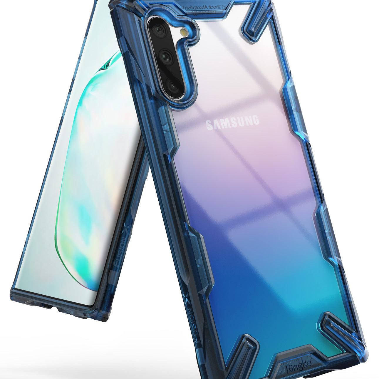 Galaxy Note 10 Case | Fusion-X - Blue rugged transparent phone case showing front and back of a gradient Samsung Galaxy Note 10.