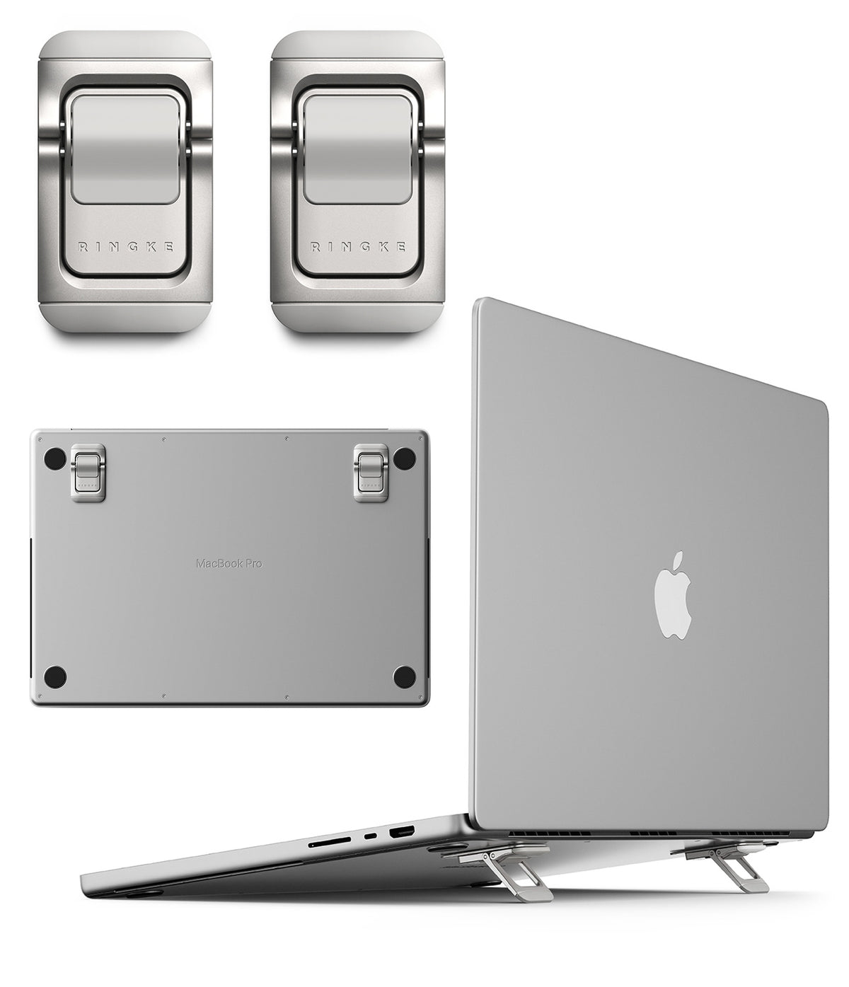 Step-Fit Mini Stand - A silver aluminum laptop stand and matching laptop sleeve shown on a white background, with a MacBook Pro inside the sleeve and additional views of the stand and sleeve components.