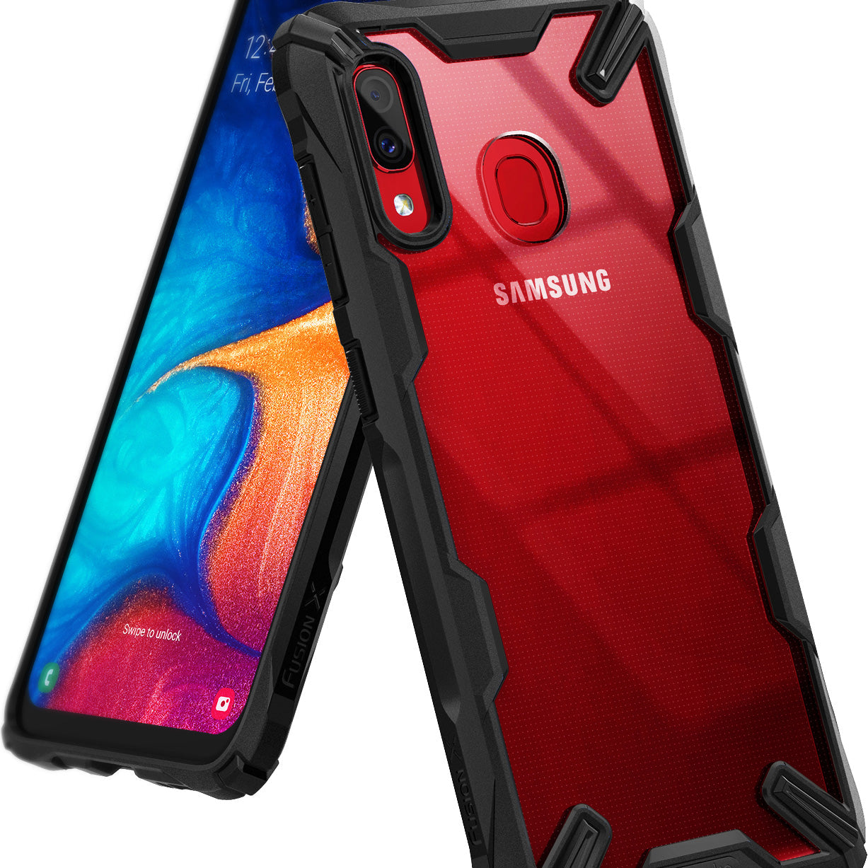 Galaxy A20 Case | Fusion-X - Red Samsung Galaxy A20 in a rugged black and transparent Fusion-X protective case.