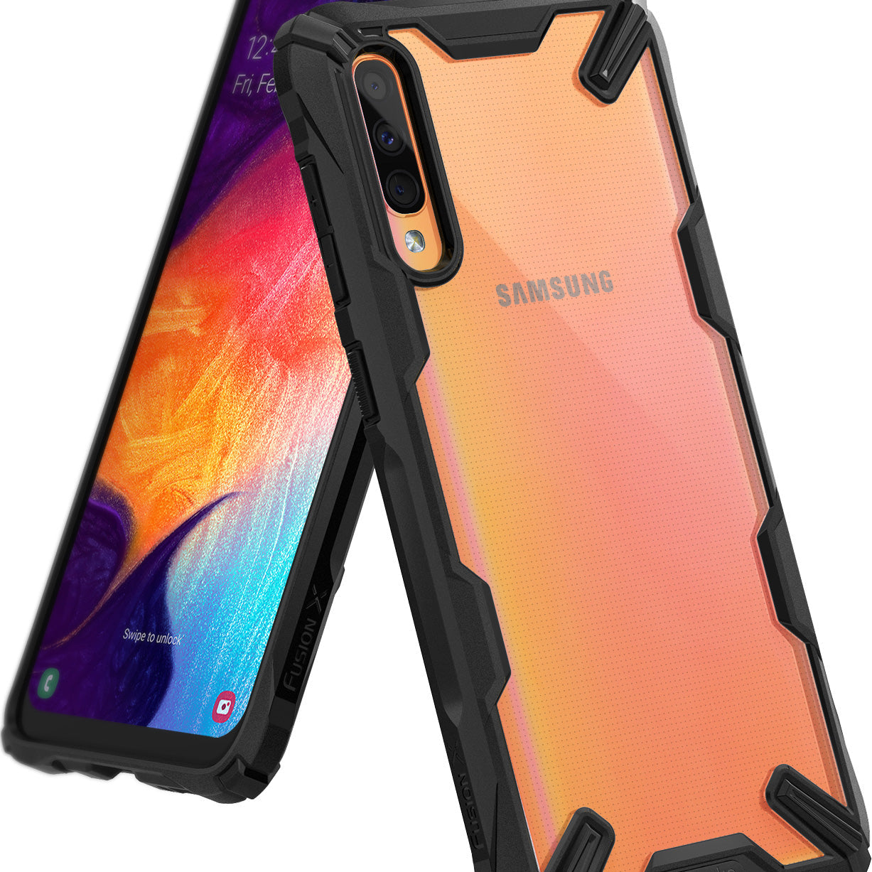 Galaxy A50 Case | Fusion-X - Samsung Galaxy A50 with a black and coral Fusion-X protective case showing front and back views.