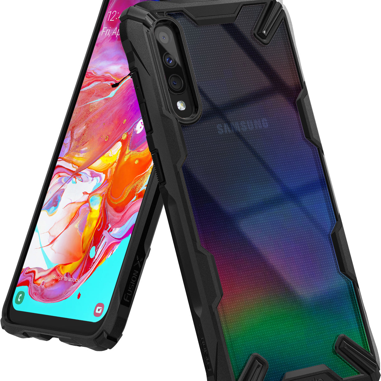 Galaxy A70 Case | Fusion-X - Samsung Galaxy A70 in a rugged black Fusion-X case with a clear back and vibrant abstract screen display.
