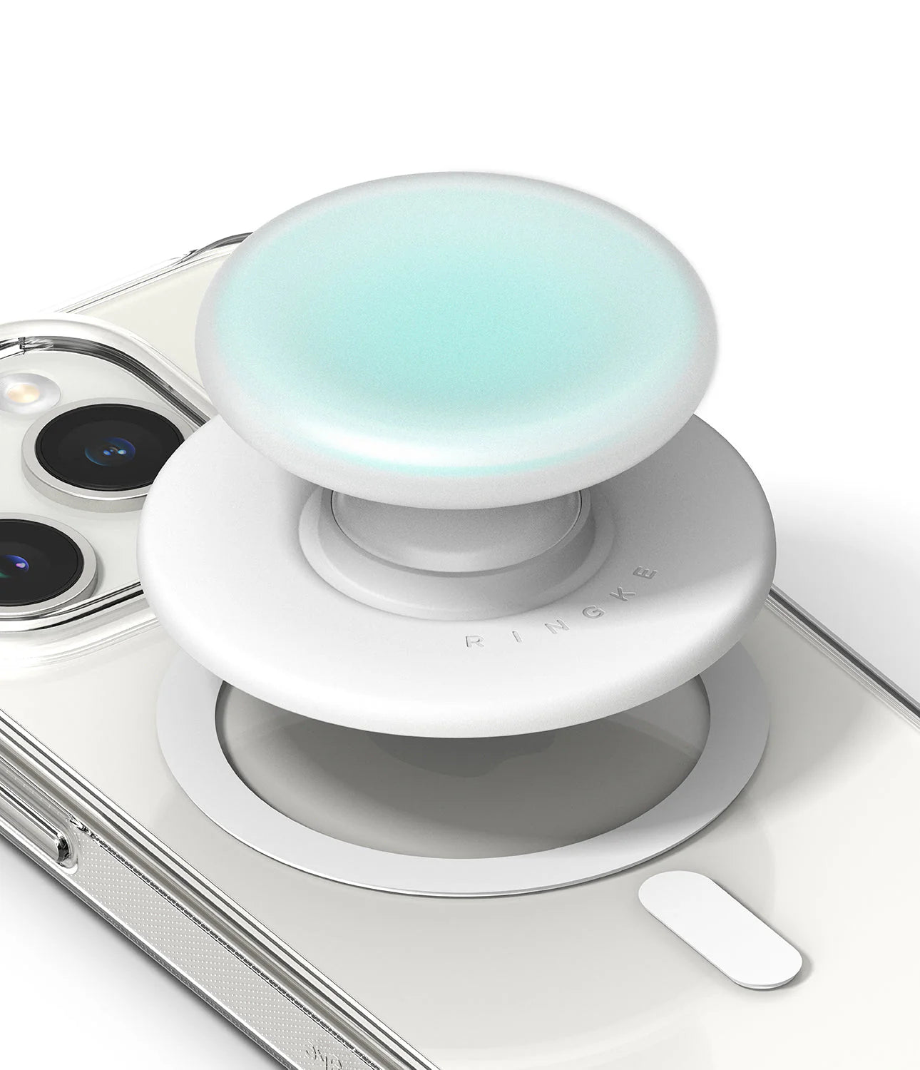 Ringke Tok Magnetic - A white, expandable phone grip with a glowing mint top attached to a clear phone case.